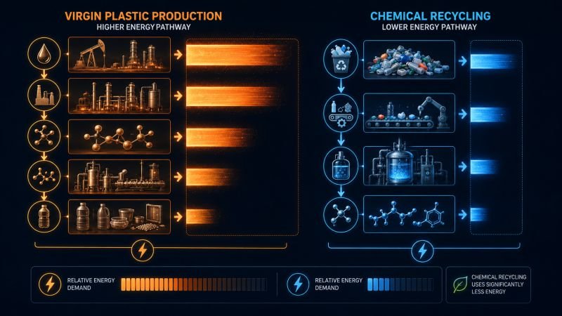 Energy flow comparison between virgin plastic production and chemical recycling showing higher and lower energy pathways.
