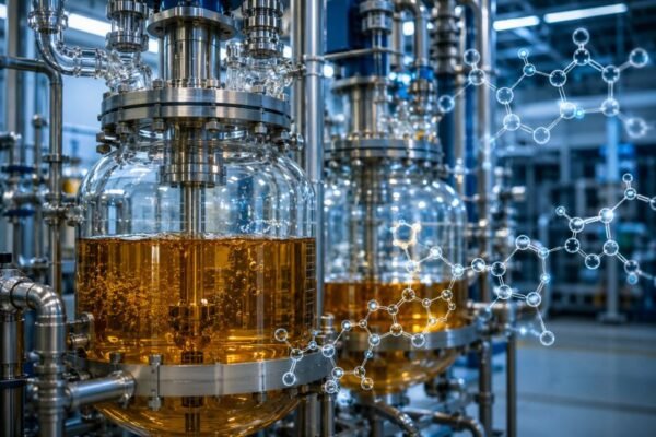 Glass chemical reactors with amber liquid and steel pipework inside a recycling chemistry processing plant for molecular material recovery.