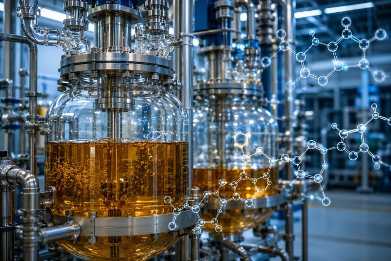 Glass chemical reactors with amber liquid and steel pipework inside a recycling chemistry processing plant for molecular material recovery.