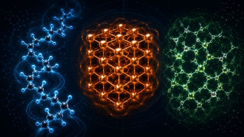 Molecular structures of a polymer chain, metallic crystal lattice, and amorphous glass network showing different bond architectures in recycling chemistry.
