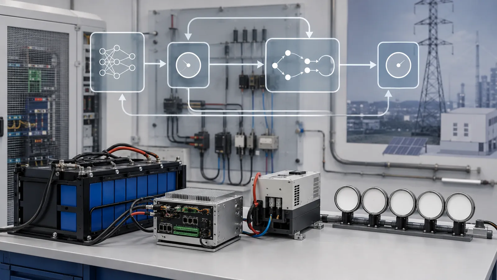 Reinforcement learning control system test bench with battery hardware, controller modules, physical gauges, and feedback loop paths.