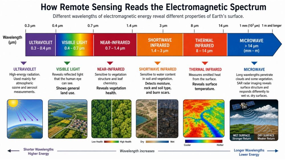 Electromagnetic spectrum chart showing visible light, near-infrared, shortwave infrared, thermal infrared, and microwave bands used in environmental remote sensing.