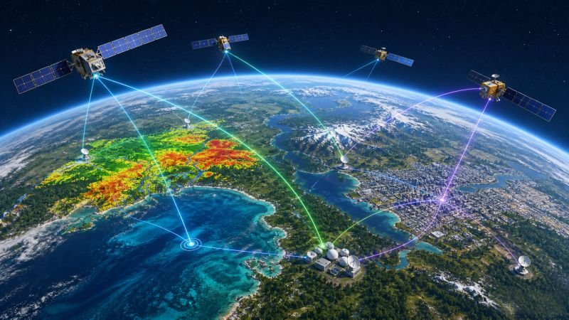 Multiple Earth observation satellites connected to ground stations and data nodes for continuous global environmental monitoring.