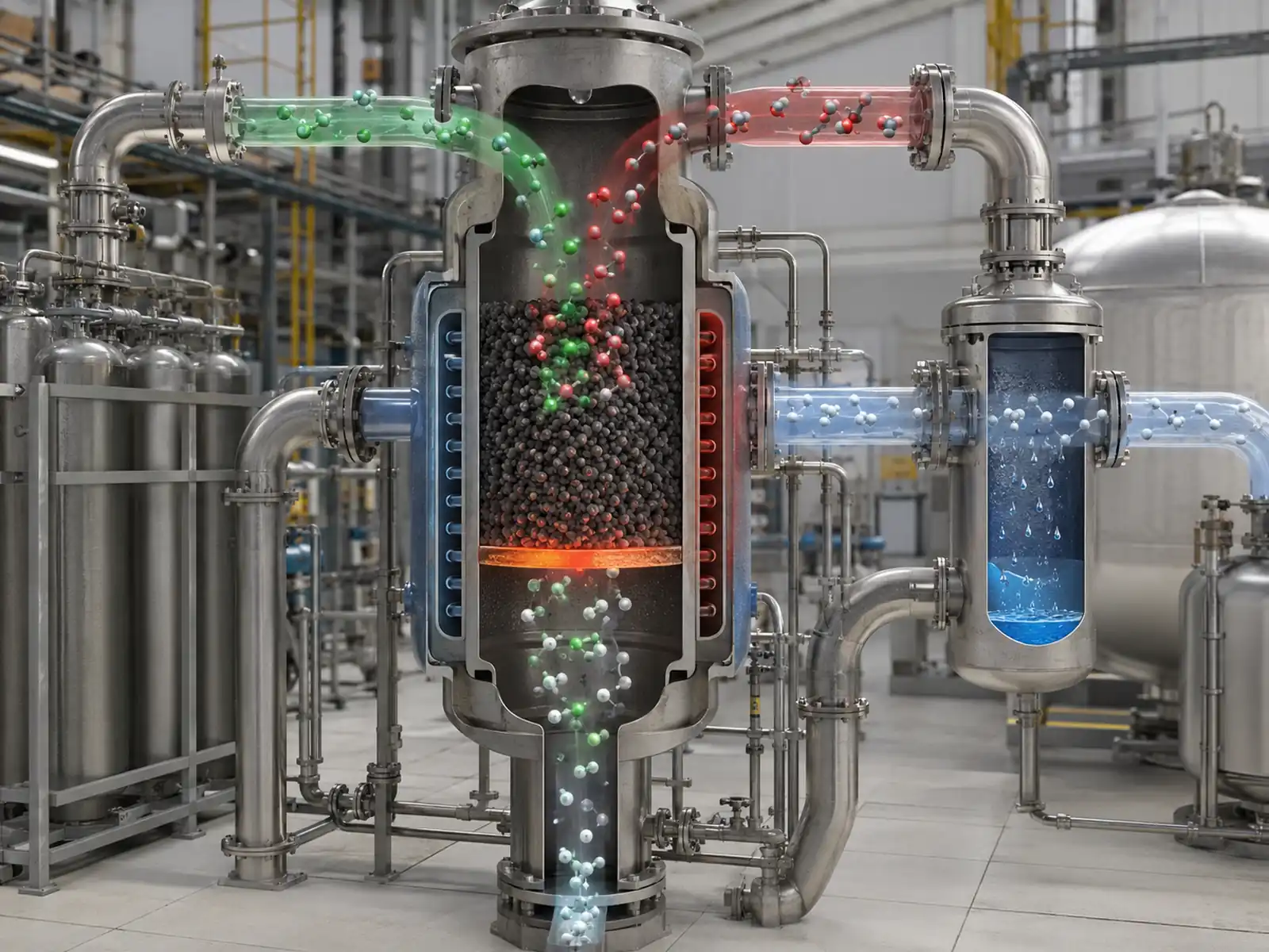 Sabatier Reaction catalytic methanation reactor showing hydrogen and carbon dioxide entering a catalyst bed, with methane output, water condensation, and heat recovery.