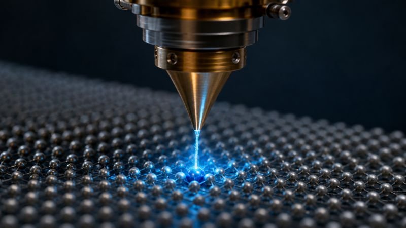 Scanning tunneling microscope probe positioned above an ordered atomic surface lattice during atomic-scale material analysis.
