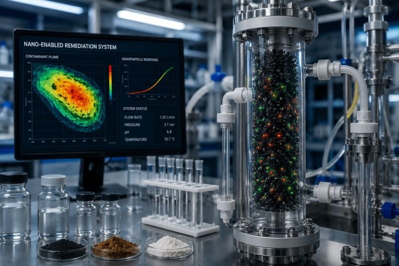 Laboratory reactor with reactive nanoparticle media, soil samples, water vials, and monitoring equipment for environmental remediation testing