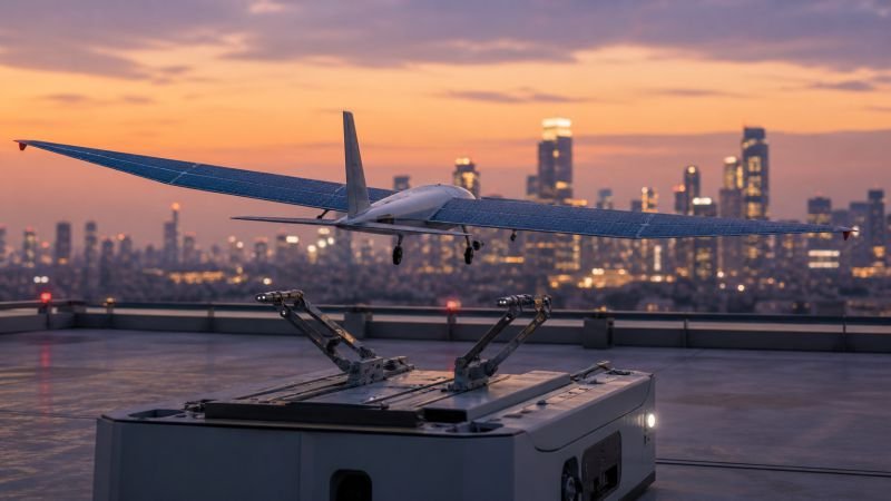 Solar air quality drone approaching an autonomous rooftop maintenance station at dusk with docking arms ready above the city skyline.