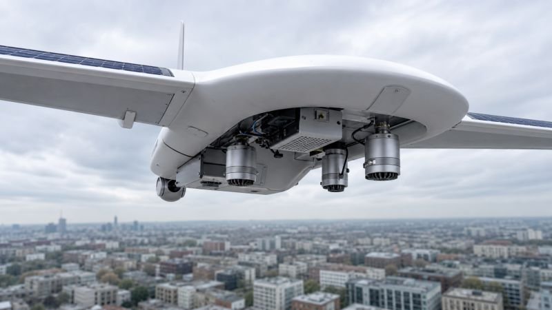 Solar air quality drone flying over a city with sensor pods and particle monitoring equipment mounted beneath the airframe.