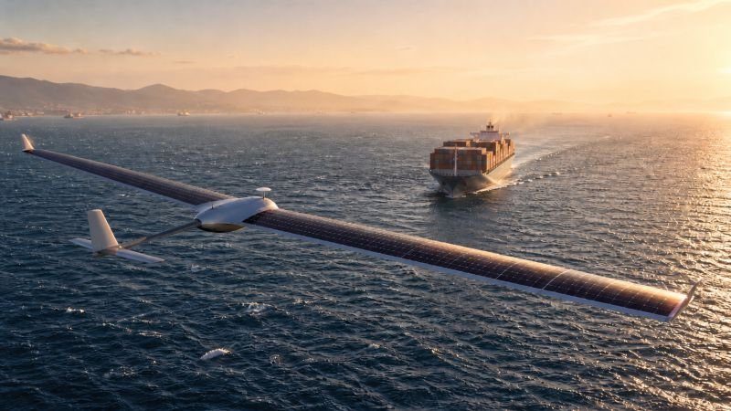 Solar air quality drone flying over a coastal shipping lane near a container ship with faint exhaust haze above the ocean.