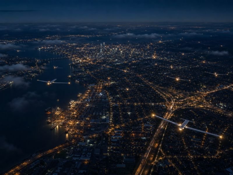 Night aerial view of a solar air quality drone swarm distributed across a city, with clustering above an industrial waterfront and a major highway interchange.