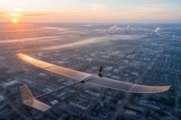 Solar-powered air quality drone flying above a city at sunrise with haze layers, rooftops, and industrial plumes in the distance.