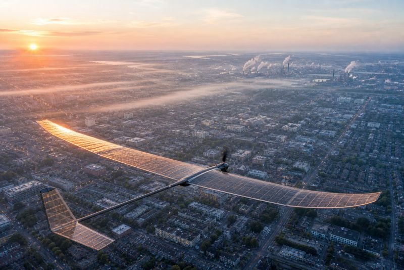 Solar-powered air quality drone flying above a city at sunrise with haze layers, rooftops, and industrial plumes in the distance.