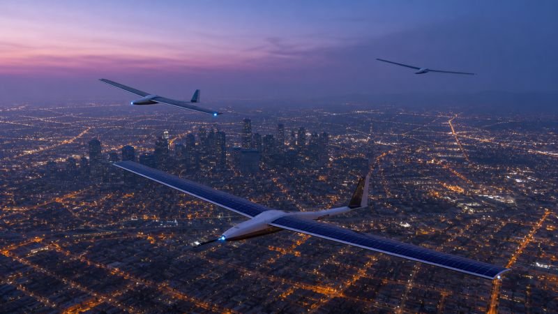 Three solar air quality drones flying over a city at dusk as street lights begin to glow below.