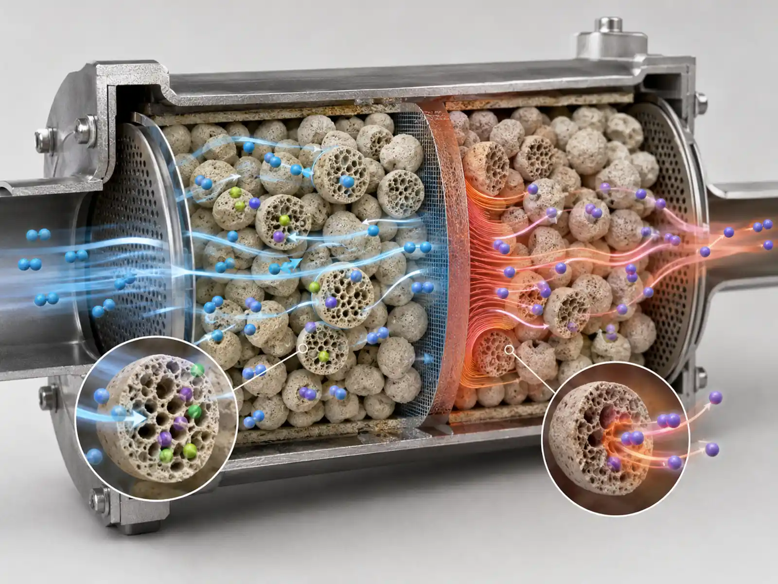 Sorbent pellets inside an air contactor cartridge showing gas molecules entering pores, target molecules binding, and clean airflow passing through.