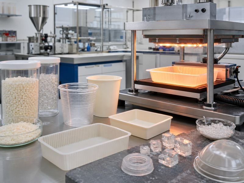 Stereocomplex PLA bioplastic pellets, molded containers, crystalline polymer samples, and heated forming equipment for improved heat resistance testing