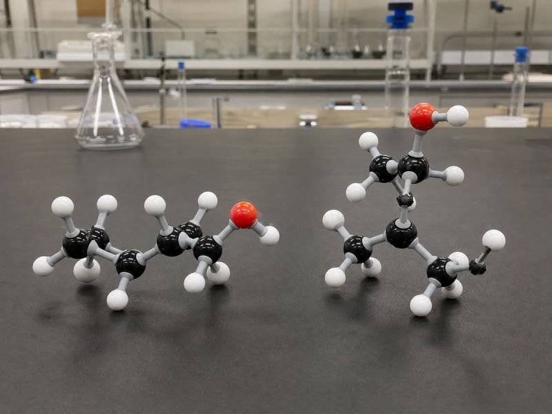 Two molecular models on a chemistry lab bench showing structural isomers with the same formula but different atom connectivity.