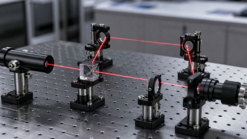 Compact laboratory interferometer with split laser paths showing how one quantum signal can follow multiple routes.