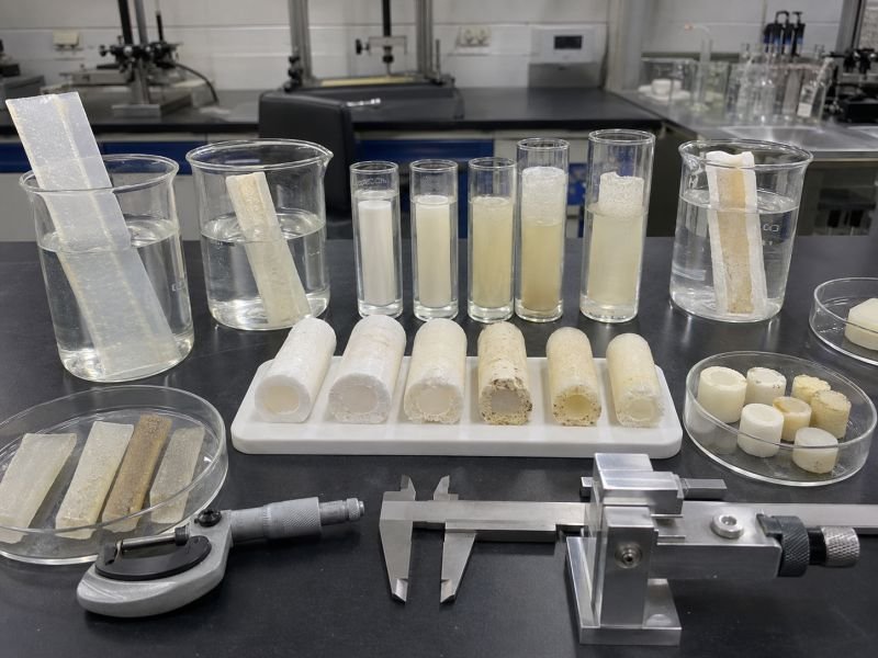 Degradable polymer samples in liquid with cross-sectioned test pieces and measurement tools showing surface erosion and thickness loss