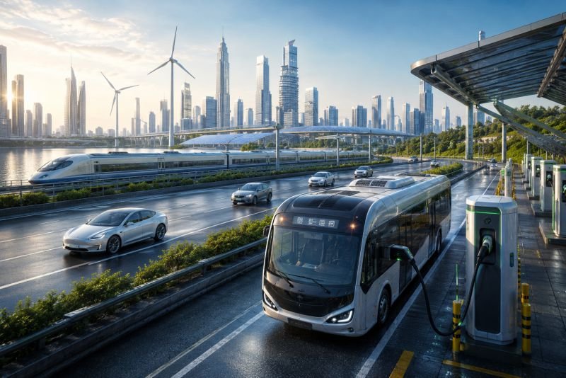 Electric bus charging depot with rows of white buses connected to chargers, showing sustainable transportation infrastructure at city scale