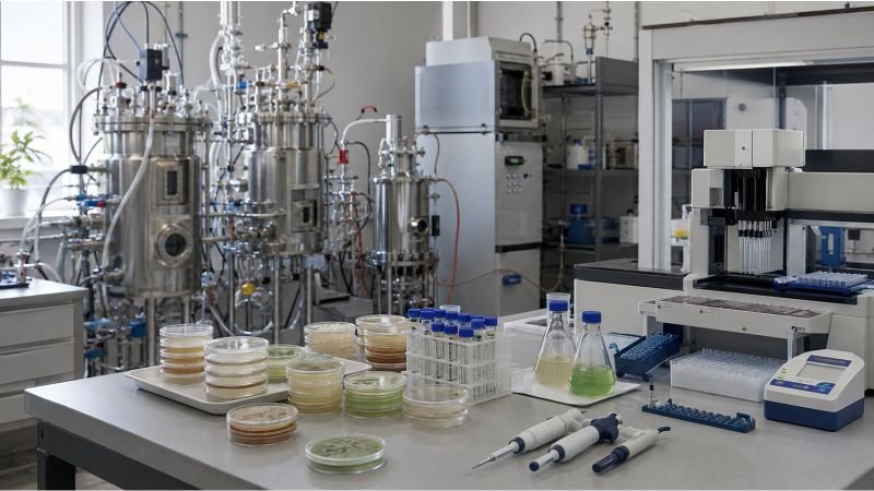 Synthetic biology biotechnology lab with bioreactors, pipetting stations, cultured microbes, DNA assembly tools, and process monitoring hardware