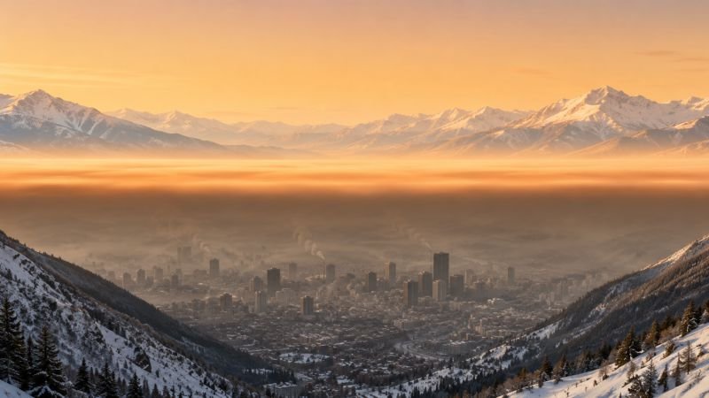 City in a snow-covered valley trapped beneath a temperature inversion layer, with pollution haze sealed below warmer air above