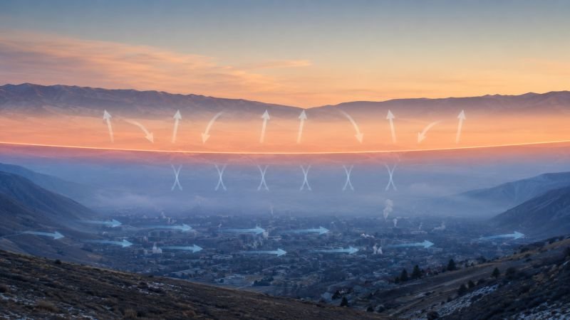 Temperature inversion over a valley city at dawn with cold air trapped near the ground and limited vertical mixing in the boundary layer