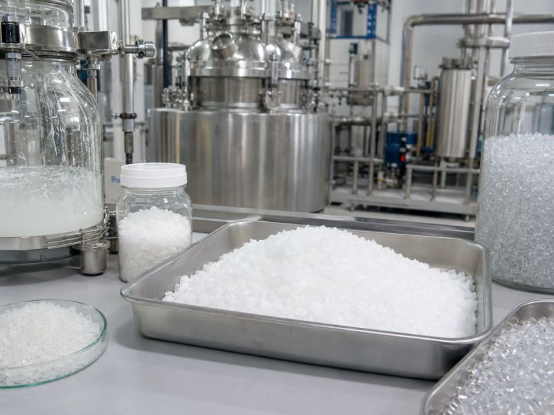 White terephthalic acid crystals with glass reactors, stainless crystallization vessels, and PET feedstock samples in a polymer chemistry processing lab
