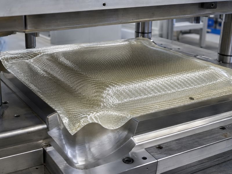 Thermoplastic composite fabric being formed under a heated industrial press with visible woven fiber pattern and semi-translucent polymer matrix.