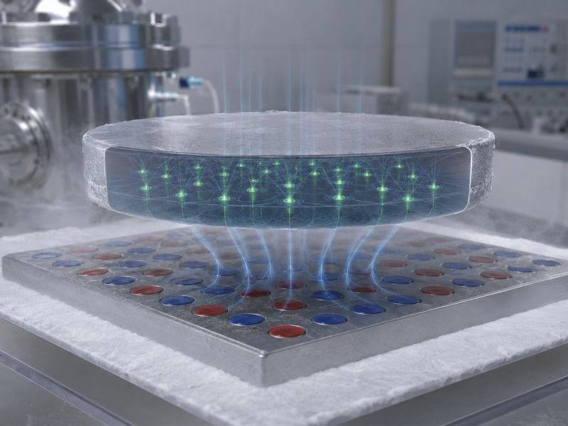 Type-II superconductor disk hovering above a patterned magnet track with pinned magnetic vortices in a cryogenic lab setup