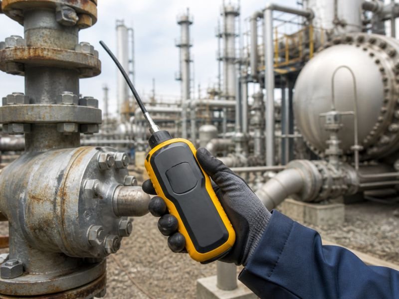 Handheld VOC detector measuring volatile organic compounds near industrial piping, valves, and storage fittings in outdoor air.