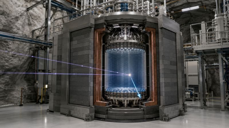 Underground dark matter detector showing a rare WIMP scattering event inside a cryogenic target chamber in particle astrophysics