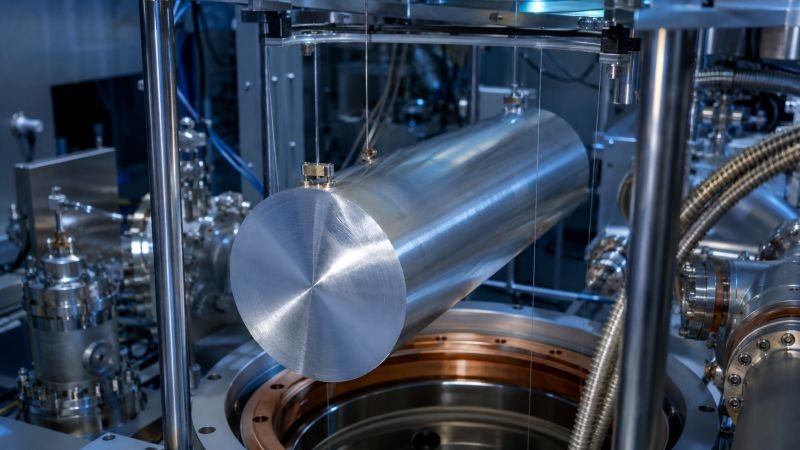 Polished aluminum Weber bar suspended inside a cryogenic laboratory with vacuum chamber hardware and precision instrumentation for resonant mass detection