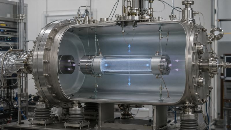 Weber bar suspended inside a cryogenic vacuum chamber with vibration isolation supports, transducer modules, and strain arrows showing resonant mass detection