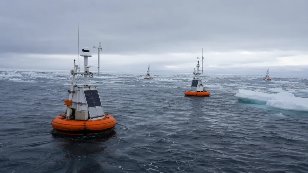 Arctic ocean monitoring buoys among fragmented sea ice tracking climate stabilizer effects on polar water and ecosystem conditions