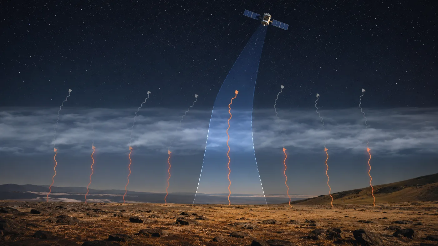 Atmospheric window in climate physics shown as infrared heat rising from a warm night landscape through a clear spectral channel in the atmosphere