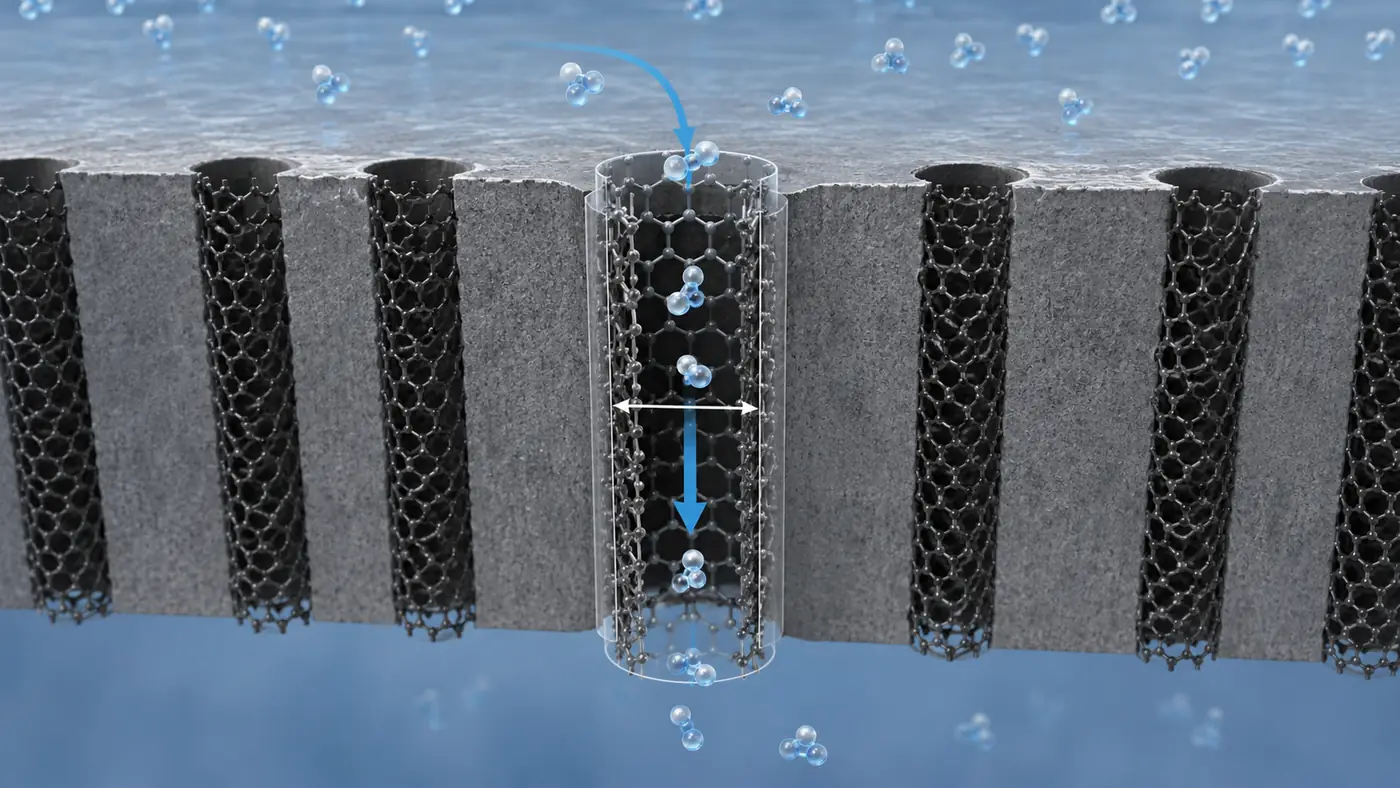 Carbon nanotube in nanomaterials shown as aligned nanotube channels inside a membrane with water molecules moving through a single tube