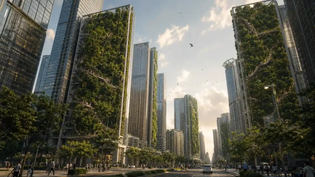 City layer of living vertical park ecosystems with tall green structures standing beside skyscrapers, mature tree canopy, elevated paths, birds, and shaded streets below.