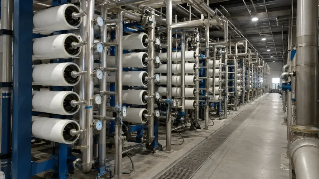 Conventional reverse osmosis filtration bank with high-pressure membrane housings, stainless pipes, and gauges in a municipal water treatment plant
