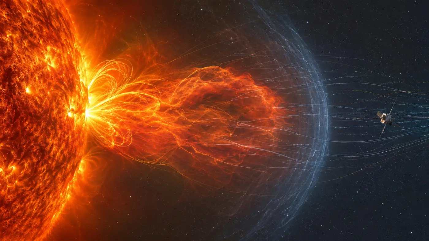 Coronal mass ejection in solar physics showing a broad plasma cloud, magnetic loops, shock front, particle trails, and a distant spacecraft