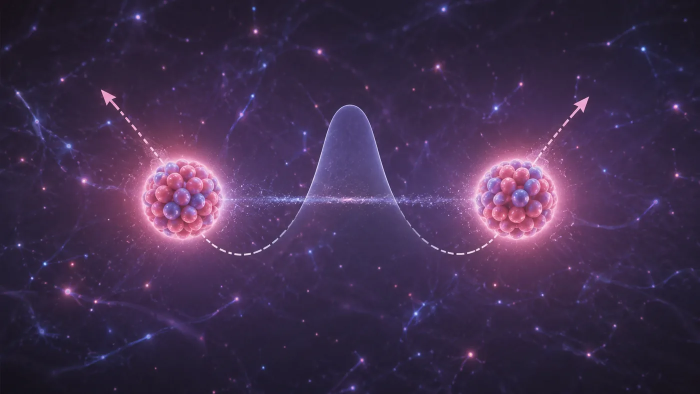 Coulomb barrier in nuclear physics shown with two charged nuclei approaching a central energy barrier and a faint tunneling path between them