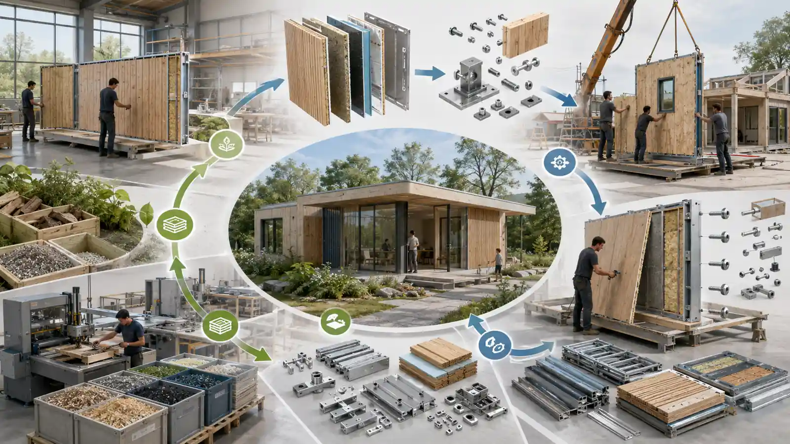 Cradle-to-Cradle design in sustainable engineering showing modular building panels, reversible fasteners, separated material layers, disassembly, and remanufacturing.