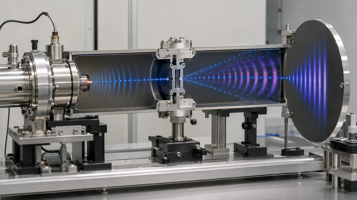 De Broglie wavelength in quantum physics shown with an electron beam passing through a narrow slit and forming a diffraction pattern on a detector screen