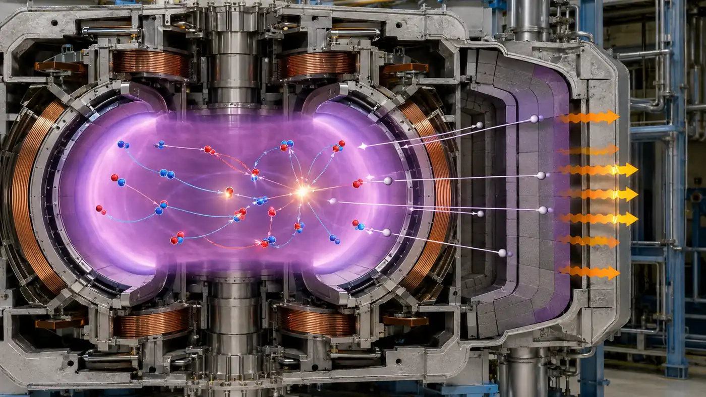 Deuterium-tritium plasma in fusion physics shown in a fusion chamber cutaway with glowing plasma, magnetic coils, neutron paths, and surrounding blanket layers