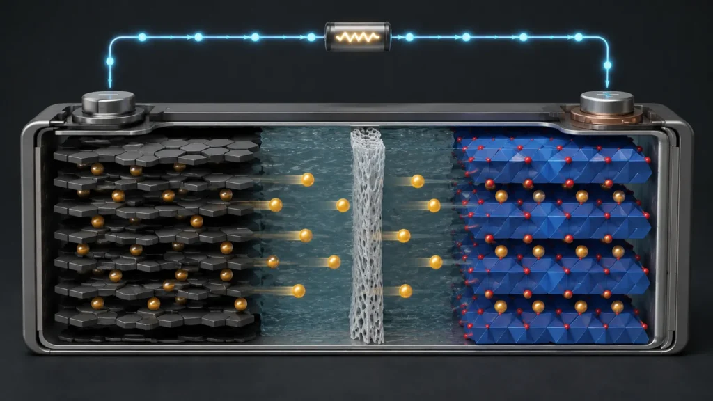 Electrochemical energy storage cutaway showing a lithium-ion battery with graphite anode, polymer separator, cathode layers, lithium ion migration, and electron flow.
