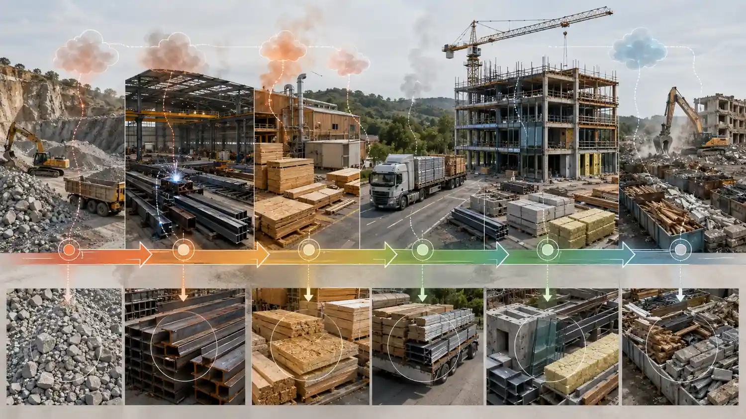 Embodied carbon in lifecycle assessment shown through a building material supply chain from quarrying, steel fabrication, timber panels, transport, construction, and disassembly.