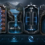 Energy Storage Systems shown as a technical cutaway with lithium-ion battery chemistry, pumped hydro, flywheel storage, and compressed air storage.