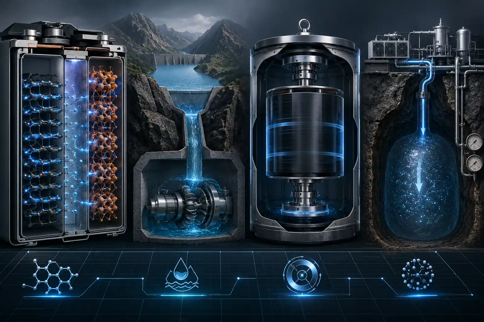 Energy Storage Systems shown as a technical cutaway with lithium-ion battery chemistry, pumped hydro, flywheel storage, and compressed air storage.