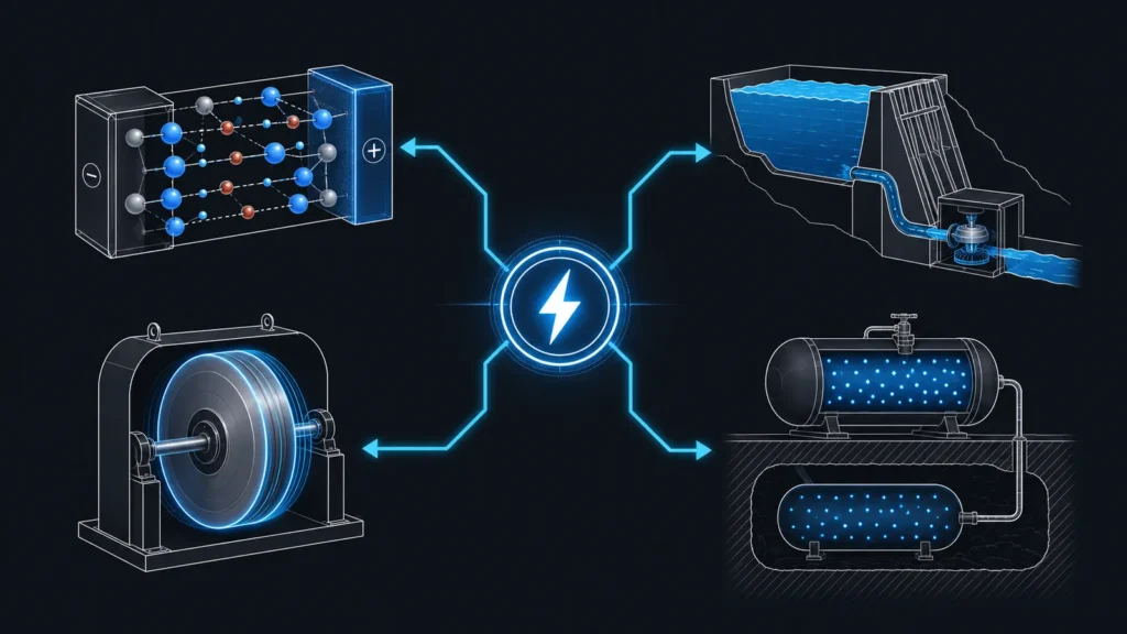 Energy storage systems diagram showing electricity converted into chemical bonds, pumped hydro, flywheel motion, and compressed air potential.