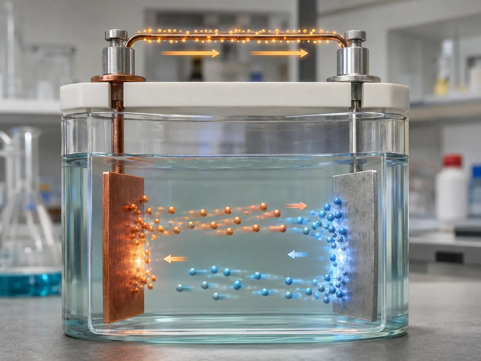 Faraday constant shown in an electrochemical cell with metal electrodes, ion movement through electrolyte, and electron flow through an external wire.