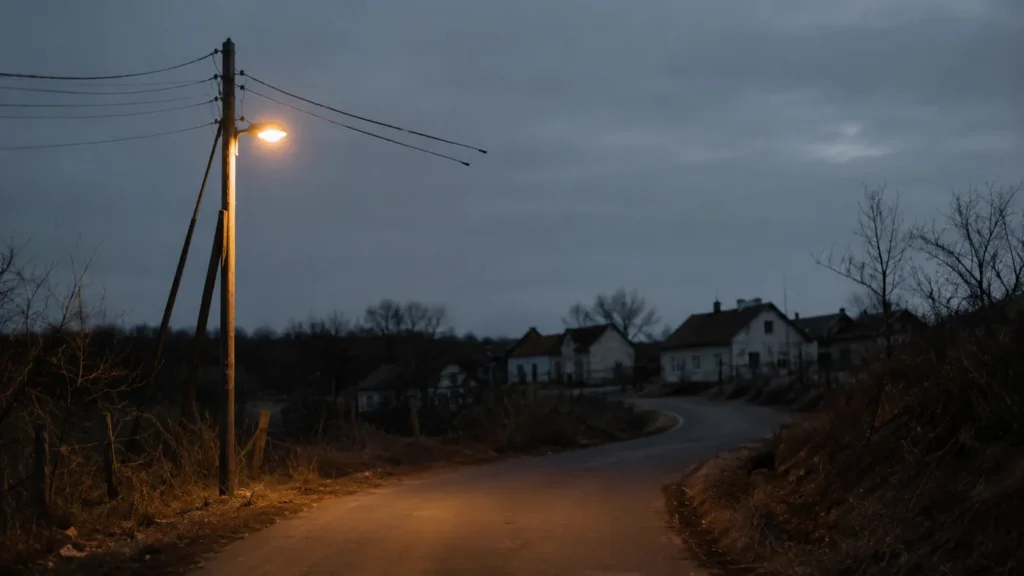 Rural road at dusk with power lines ending at a roadside pole and dark houses in the distance, showing the edge of grid access